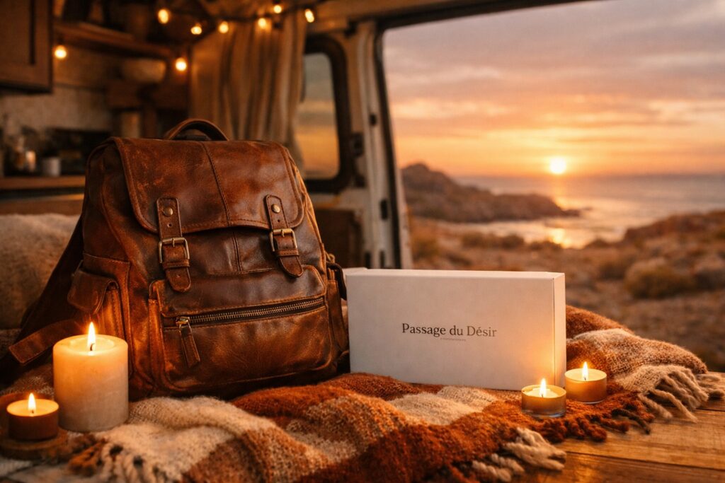 partenariat passage du desir, sac à dos et box passage du désir dans un van et des bougies ouvert sur un coucher de soleil